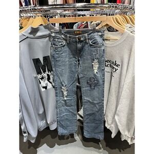 Vintage Y2K Angel Premium Light Wash Blue Denim Rip Embroidered Straight Jeans